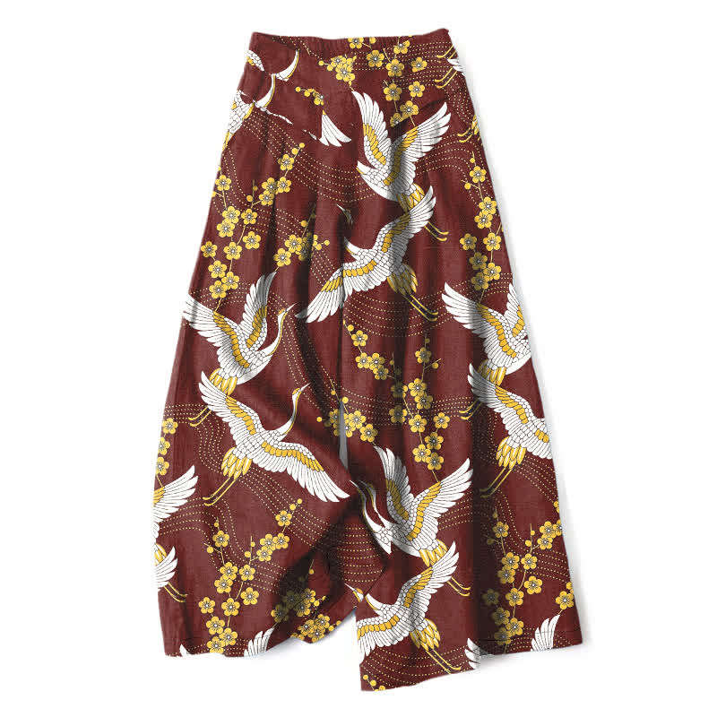 Nimara Ritual Cotton Linen Crane Blossom Pattern Women's Elastic Waist Wide Leg Pants With Pockets