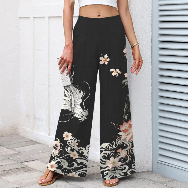 Nimara Ritual Cotton Linen Oriental Dragon Pattern Women's Elastic Waist Wide Leg Pants With Pockets