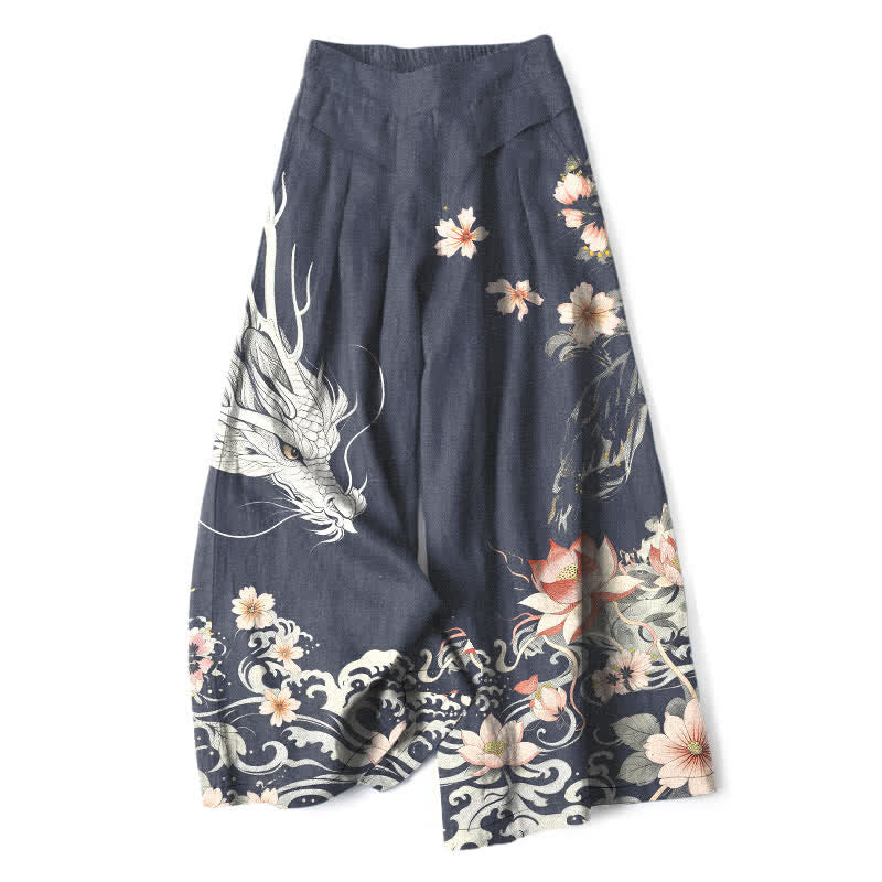 Nimara Ritual Cotton Linen Oriental Dragon Pattern Women's Elastic Waist Wide Leg Pants With Pockets