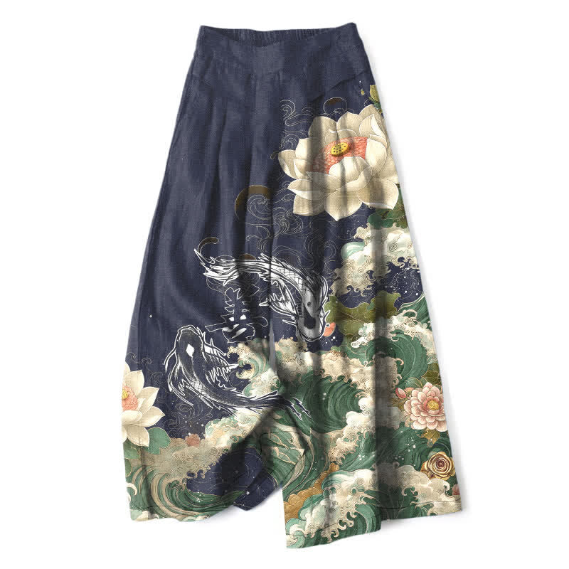 Nimara Ritual Cotton Linen Lotus Koi Wave Pattern Women's Elastic Waist Wide Leg Pants With Pockets