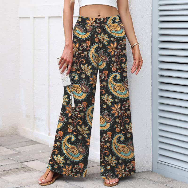 Nimara Ritual Cotton Linen Bohemian Paisley Floral Pattern Women's Elastic Waist Wide Leg Pants With Pockets