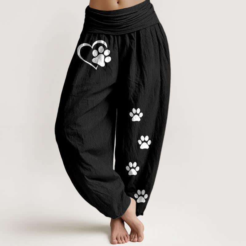 Nimara Ritual Pure Cotton Heart Paw Print Pattern Women's Elastic Waist Harem Pants
