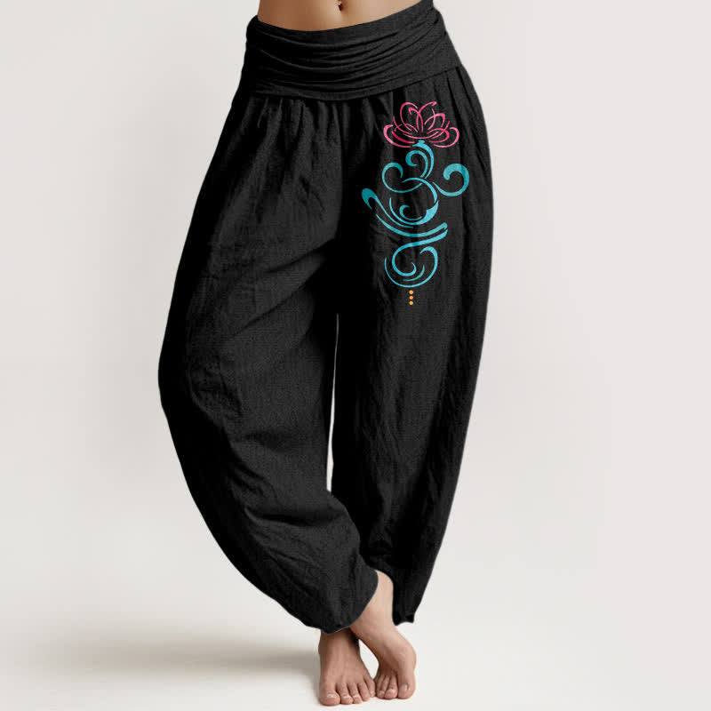 Nimara Ritual Pure Cotton Lotus Vine Pattern Women's Elastic Waist Harem Pants
