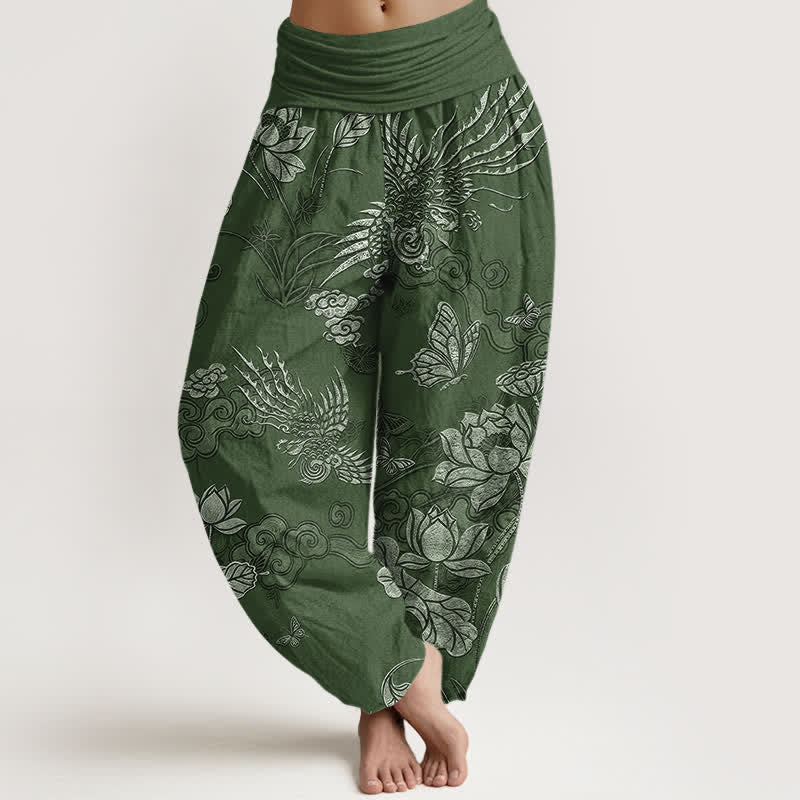 Nimara Ritual Cotton Lotus Bird Pattern Women's Elastic Waist Harem Pants