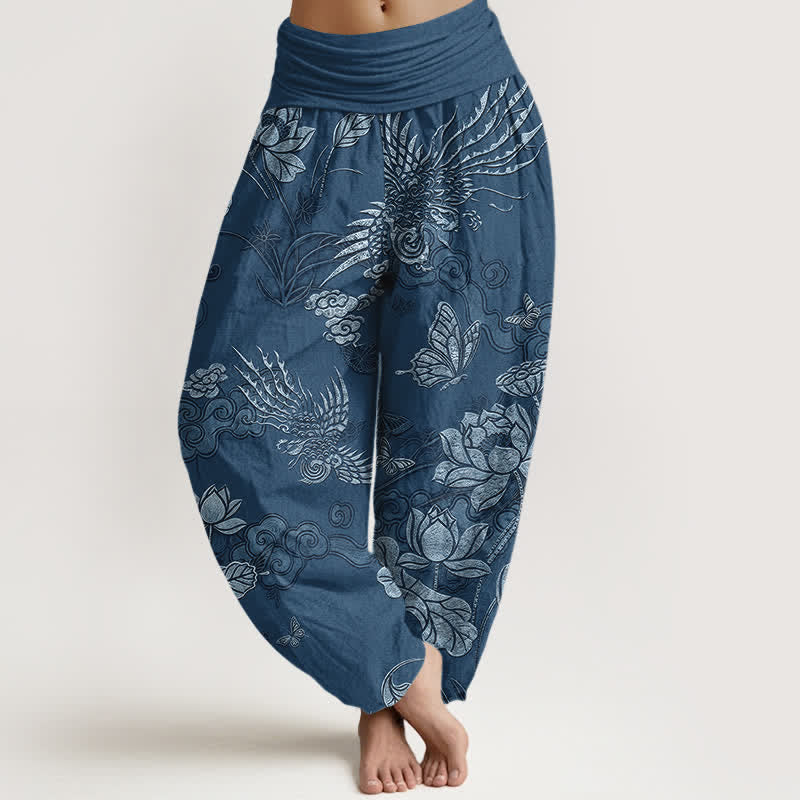 Nimara Ritual Cotton Lotus Bird Pattern Women's Elastic Waist Harem Pants