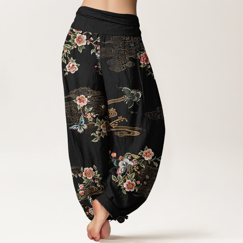 Nimara Ritual Pure Cotton Floral Butterfly Pattern Women's Elastic Waist Harem Pants