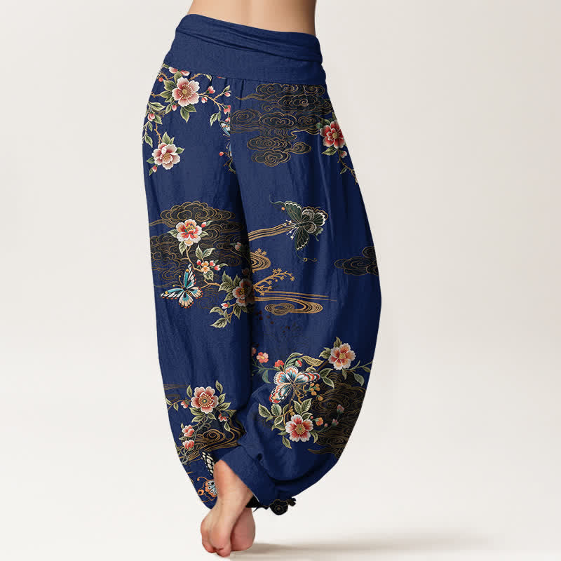 Nimara Ritual Pure Cotton Floral Butterfly Pattern Women's Elastic Waist Harem Pants