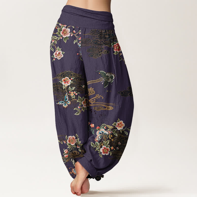 Nimara Ritual Pure Cotton Floral Butterfly Pattern Women's Elastic Waist Harem Pants