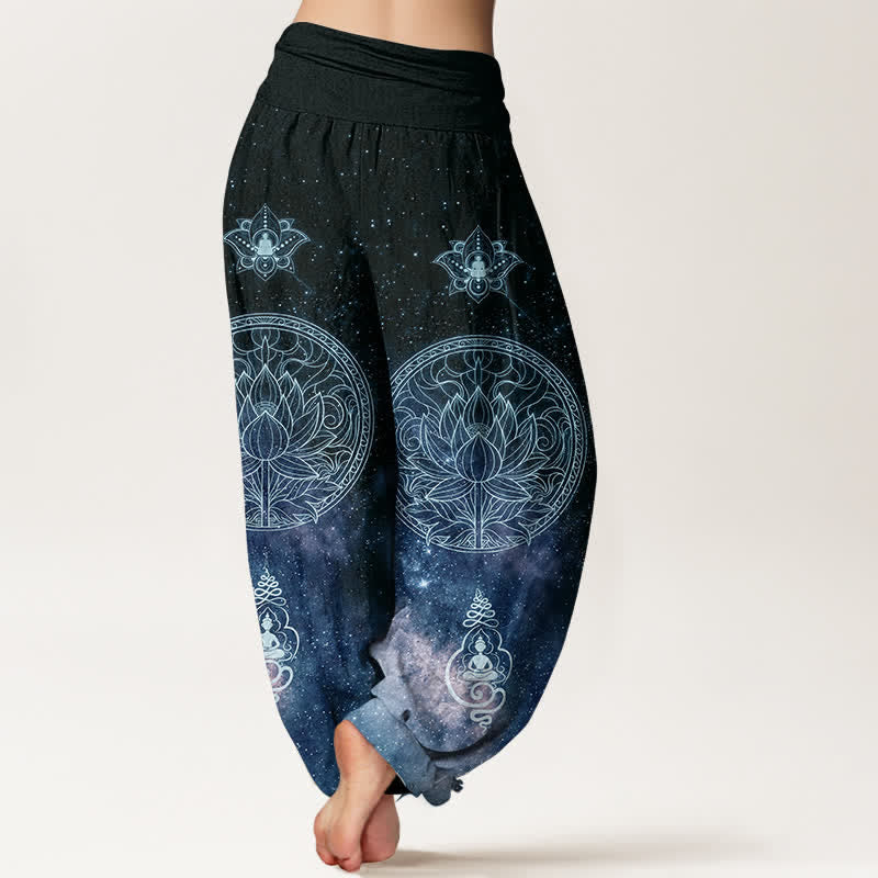 Nimara Ritual Cotton Celestial Lotus Mandala Pattern Women's Elastic Waist Harem Pants