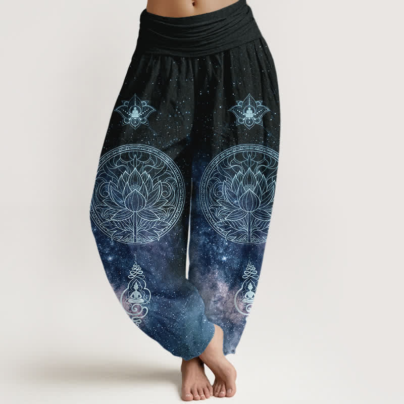 Nimara Ritual Cotton Celestial Lotus Mandala Pattern Women's Elastic Waist Harem Pants