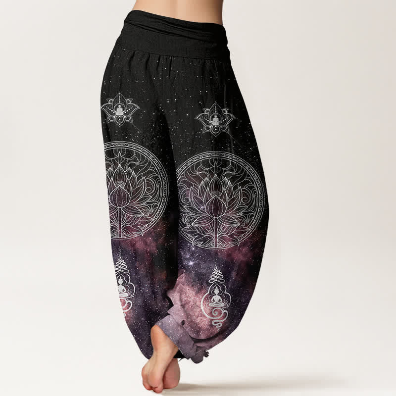 Nimara Ritual Cotton Celestial Lotus Mandala Pattern Women's Elastic Waist Harem Pants