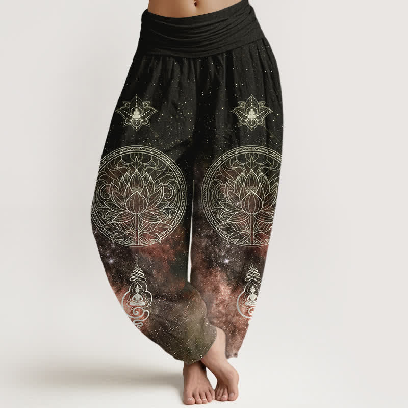 Nimara Ritual Cotton Celestial Lotus Mandala Pattern Women's Elastic Waist Harem Pants