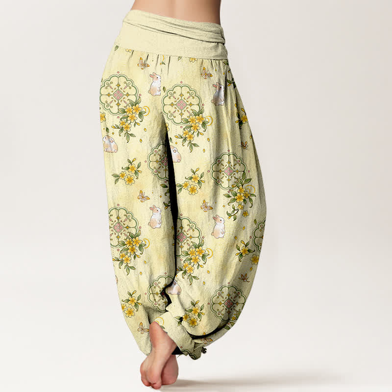 Nimara Ritual Pure Cotton Floral Vine Rabbit Pattern Women's Elastic Waist Harem Pants