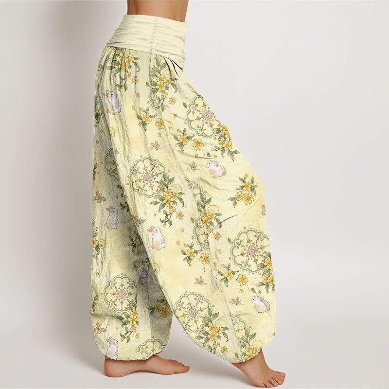 Nimara Ritual Pure Cotton Floral Vine Rabbit Pattern Women's Elastic Waist Harem Pants
