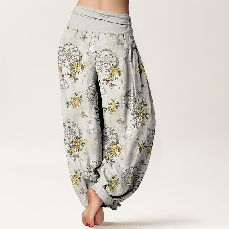 Nimara Ritual Pure Cotton Floral Vine Rabbit Pattern Women's Elastic Waist Harem Pants