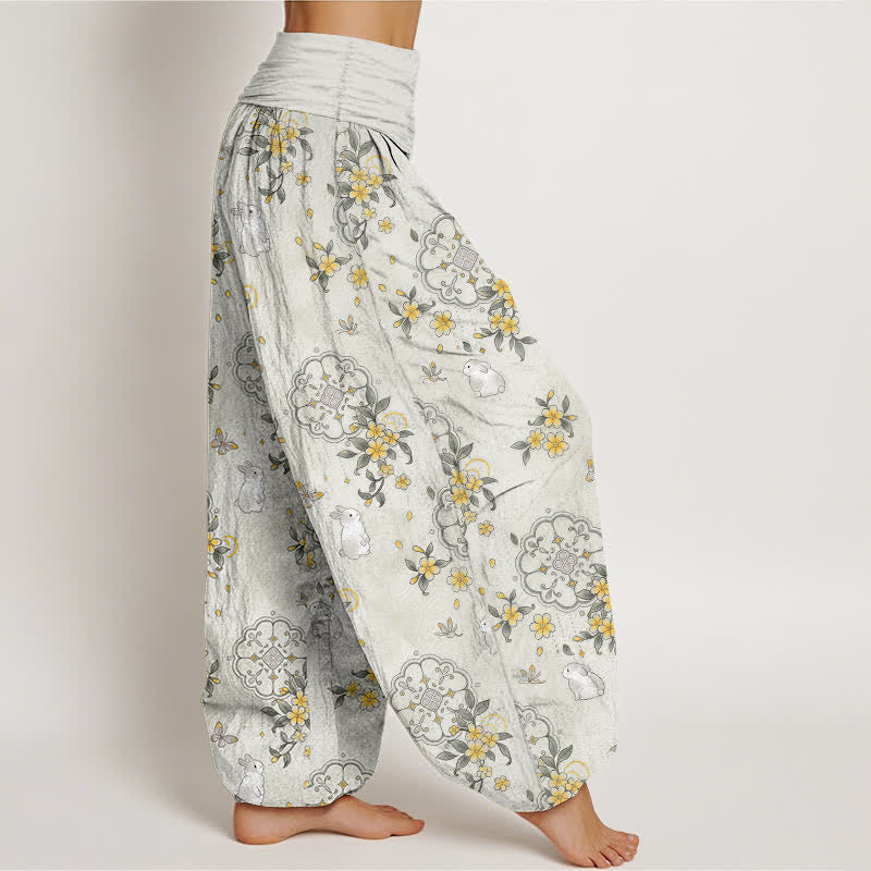 Nimara Ritual Pure Cotton Floral Vine Rabbit Pattern Women's Elastic Waist Harem Pants
