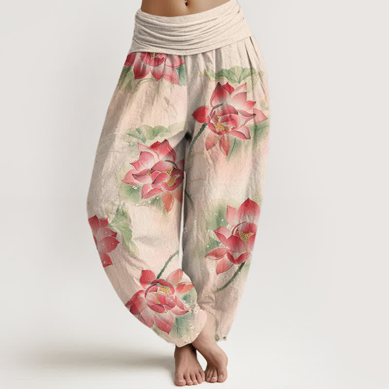 Nimara Ritual Cotton Lotus Bloom Pattern Women's Elastic Waist Harem Pants