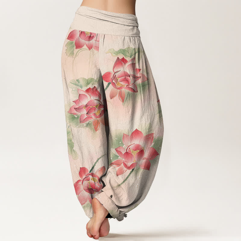 Nimara Ritual Cotton Lotus Bloom Pattern Women's Elastic Waist Harem Pants