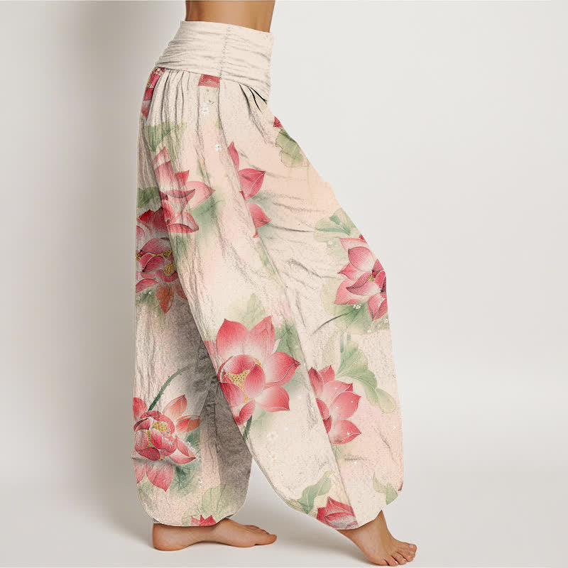 Nimara Ritual Cotton Lotus Bloom Pattern Women's Elastic Waist Harem Pants