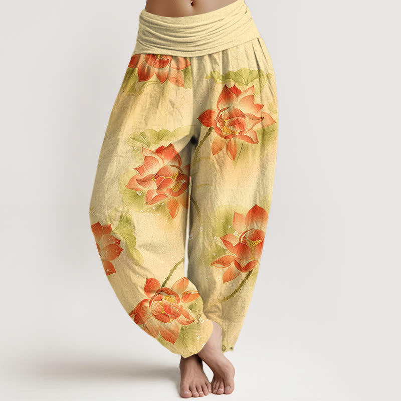Nimara Ritual Cotton Lotus Bloom Pattern Women's Elastic Waist Harem Pants