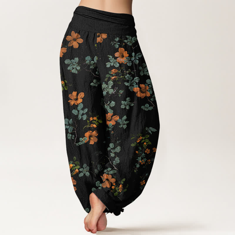 Nimara Ritual Cotton Orange Floral Leaf Pattern Women's Elastic Waist Harem Pants
