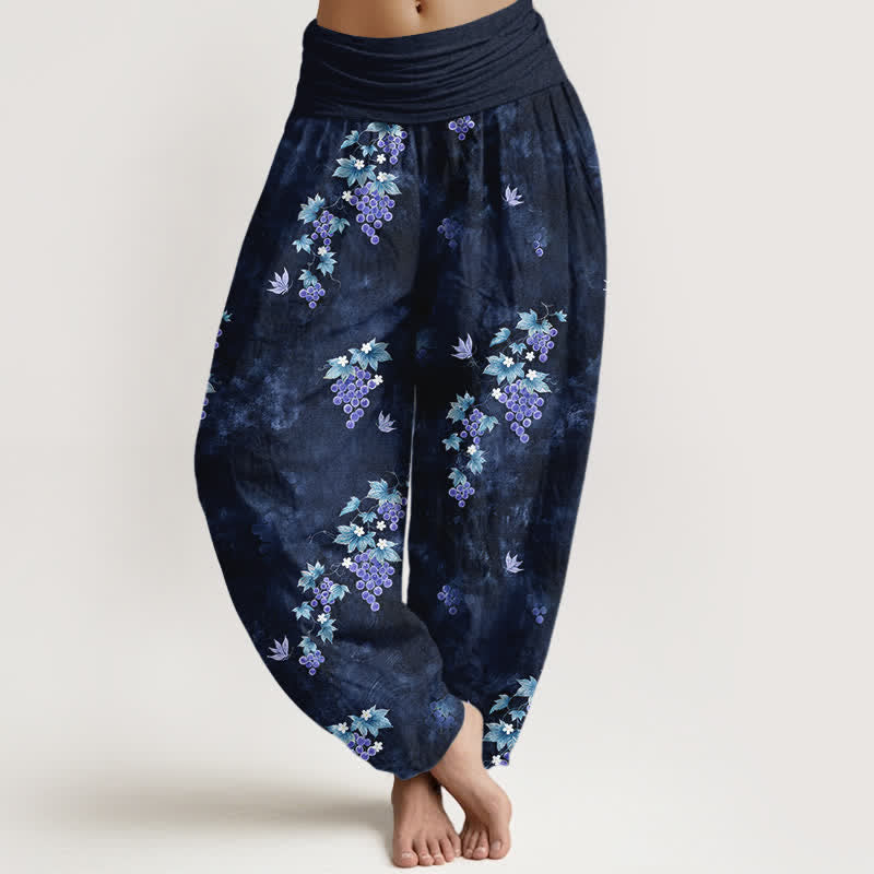 Nimara Ritual Cotton Vintage Grape Vine Pattern Women's Elastic Waist Harem Pants