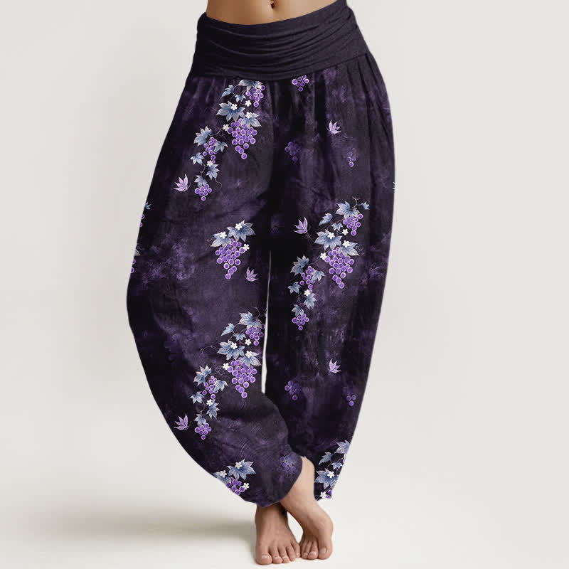 Nimara Ritual Cotton Vintage Grape Vine Pattern Women's Elastic Waist Harem Pants