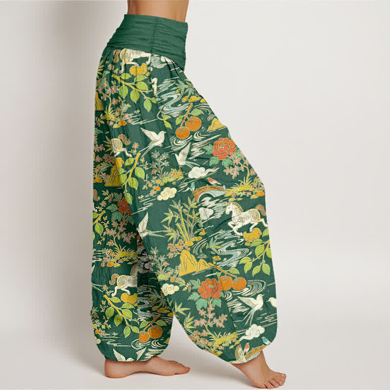 Nimara Ritual Cotton Horse Bird Landscape Floral Pattern Women's Elastic Waist Harem Pants