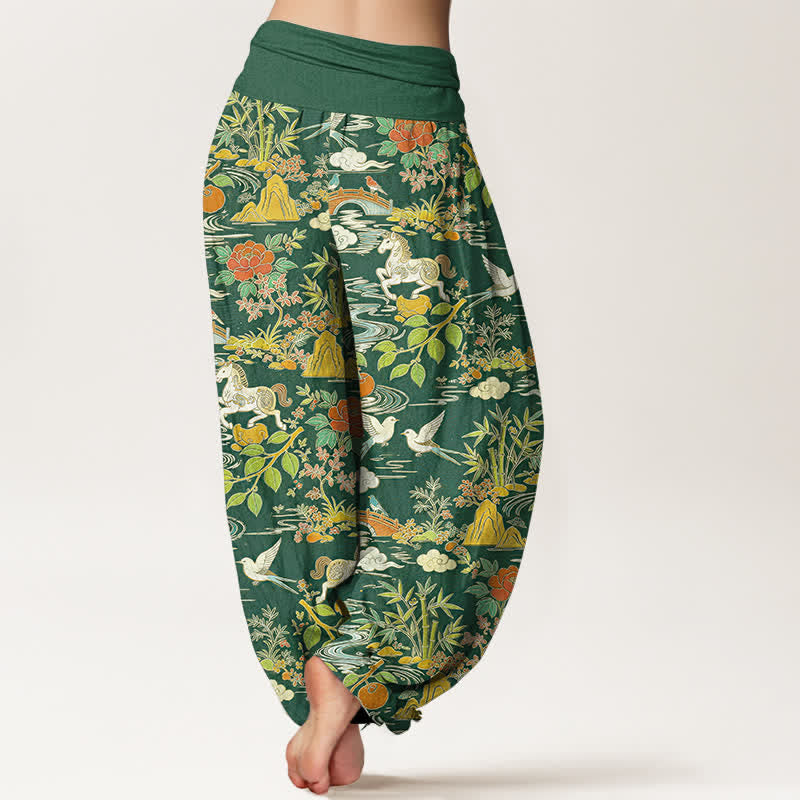 Nimara Ritual Cotton Horse Bird Landscape Floral Pattern Women's Elastic Waist Harem Pants