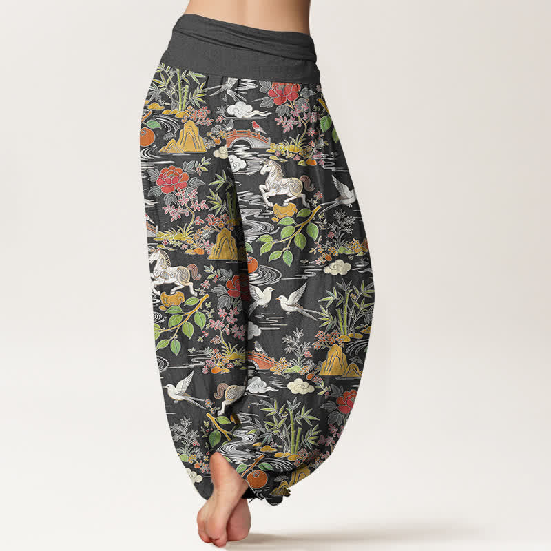 Nimara Ritual Cotton Horse Bird Landscape Floral Pattern Women's Elastic Waist Harem Pants