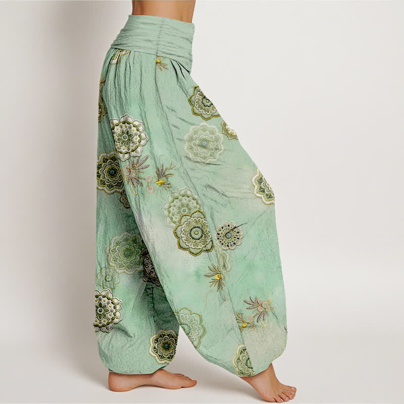 Nimara Ritual Pure Cotton Mandala Floral Leaves Pattern Women's Elastic Waist Harem Pants