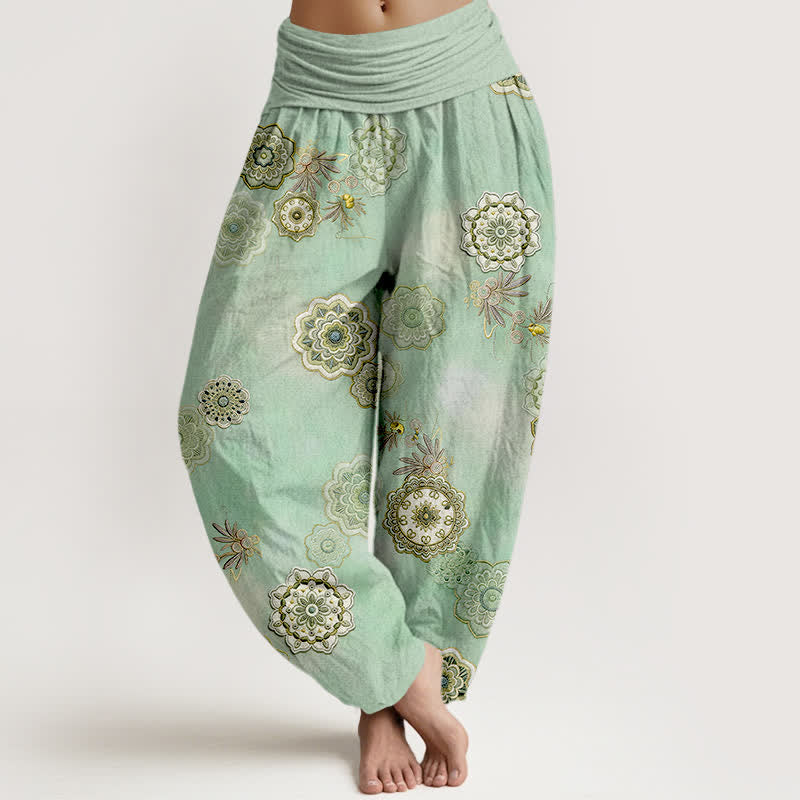 Nimara Ritual Pure Cotton Mandala Floral Leaves Pattern Women's Elastic Waist Harem Pants