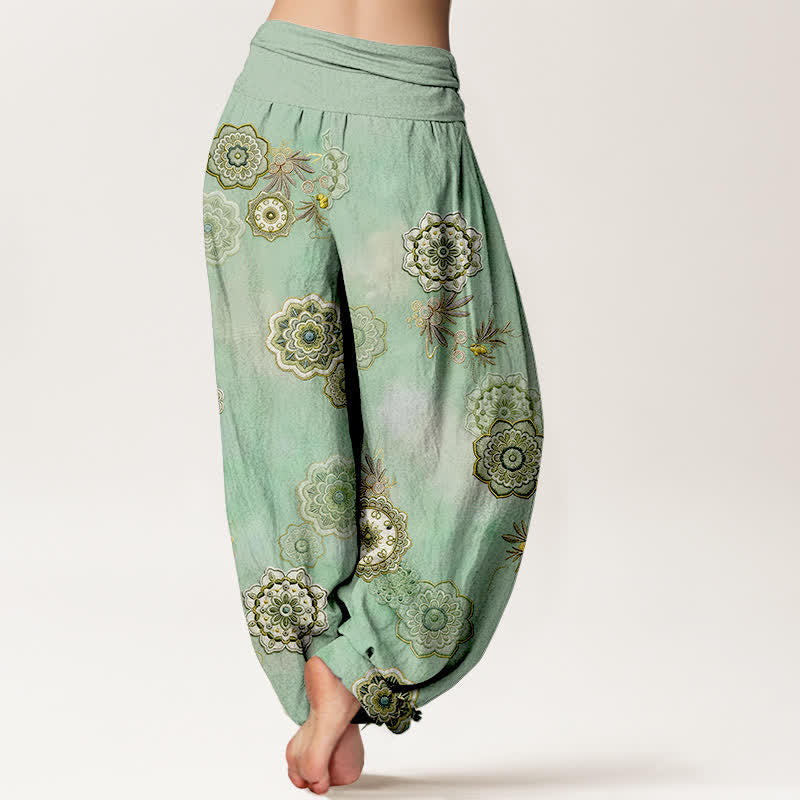 Nimara Ritual Pure Cotton Mandala Floral Leaves Pattern Women's Elastic Waist Harem Pants
