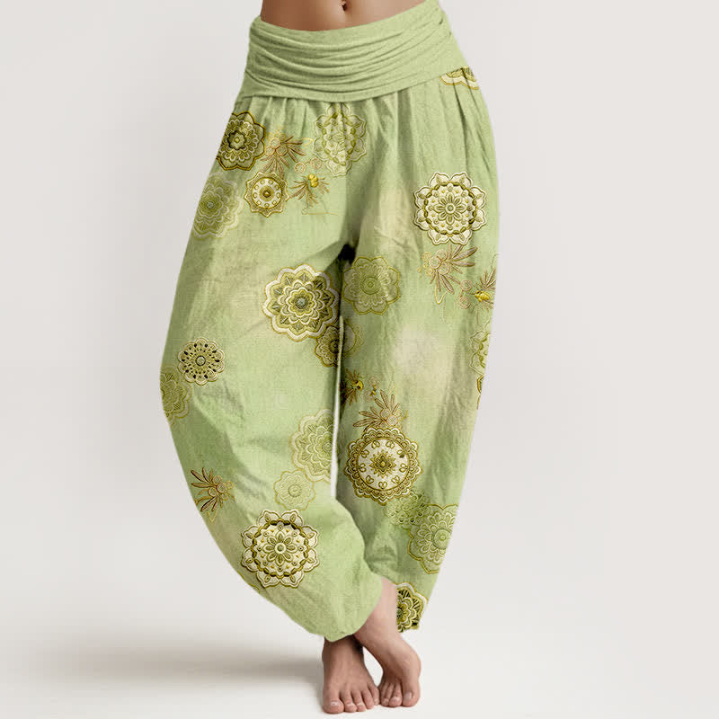 Nimara Ritual Pure Cotton Mandala Floral Leaves Pattern Women's Elastic Waist Harem Pants