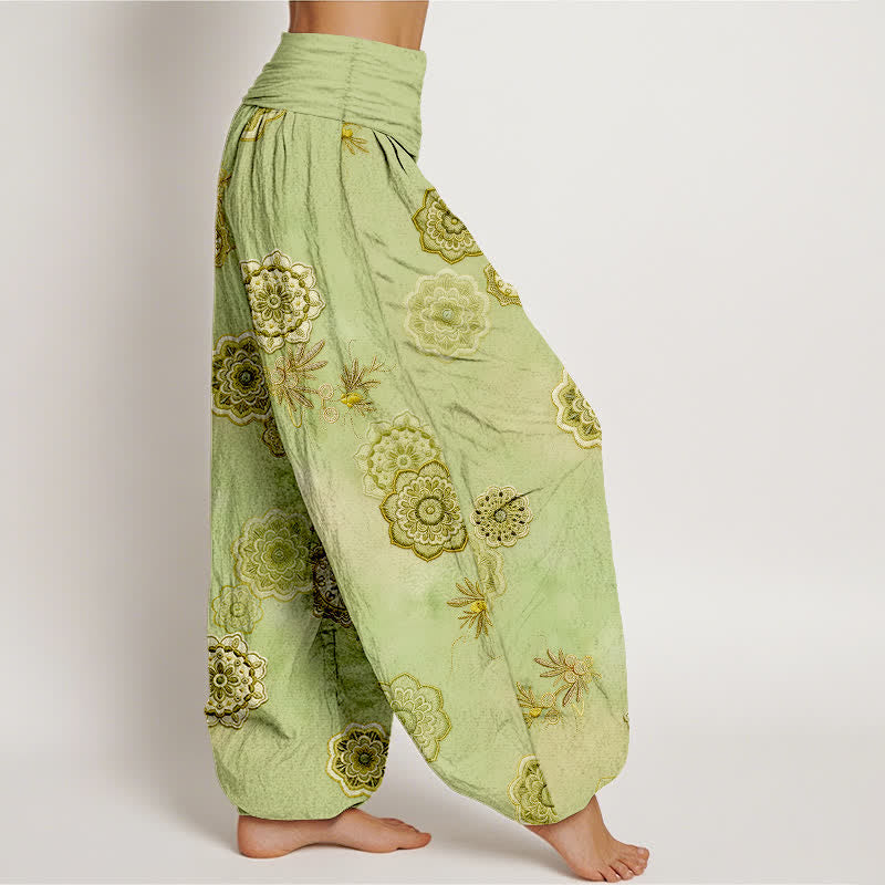 Nimara Ritual Pure Cotton Mandala Floral Leaves Pattern Women's Elastic Waist Harem Pants