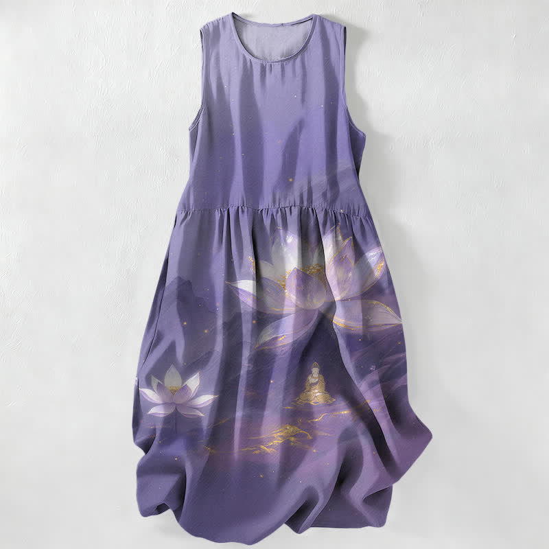 Nimara Ritual Summer Casual Lotus Buddha Gold Accent Pattern Women's Summer Sleeveless Midi Dress With Pockets