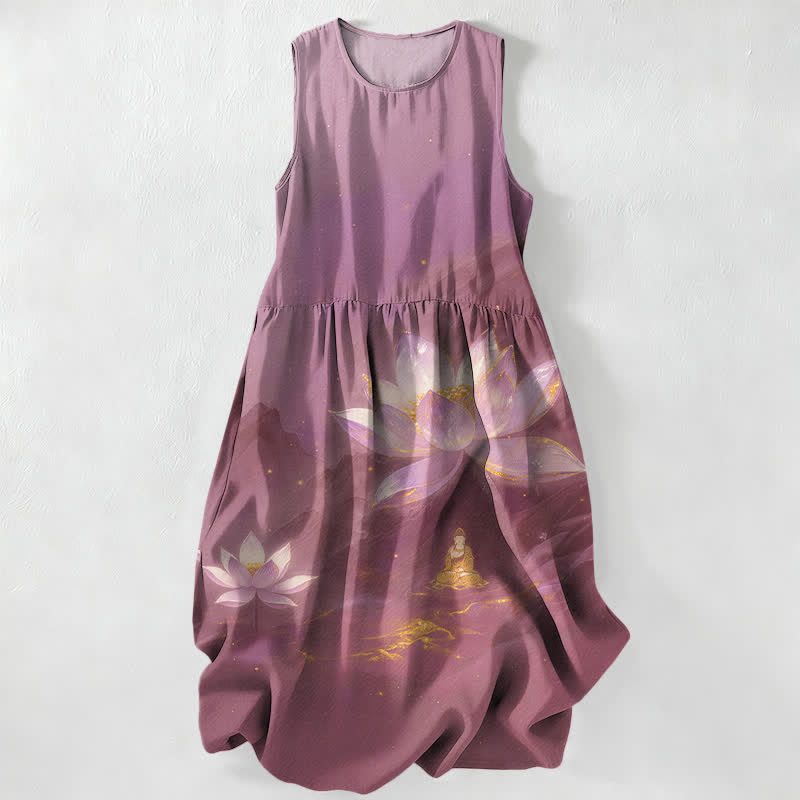 Nimara Ritual Summer Casual Lotus Buddha Gold Accent Pattern Women's Summer Sleeveless Midi Dress With Pockets