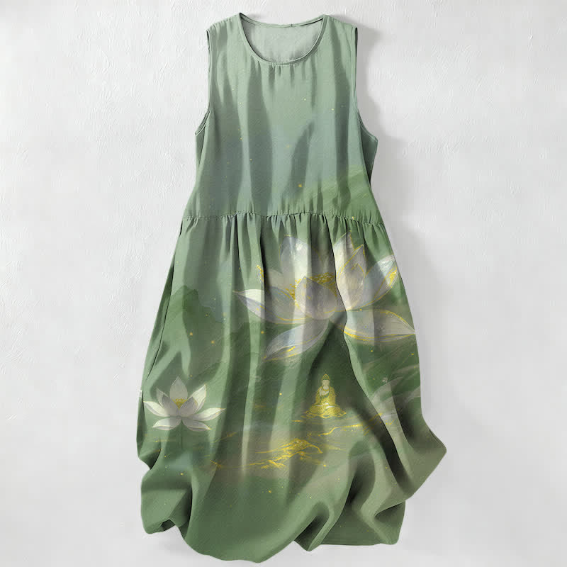 Nimara Ritual Summer Casual Lotus Buddha Gold Accent Pattern Women's Summer Sleeveless Midi Dress With Pockets