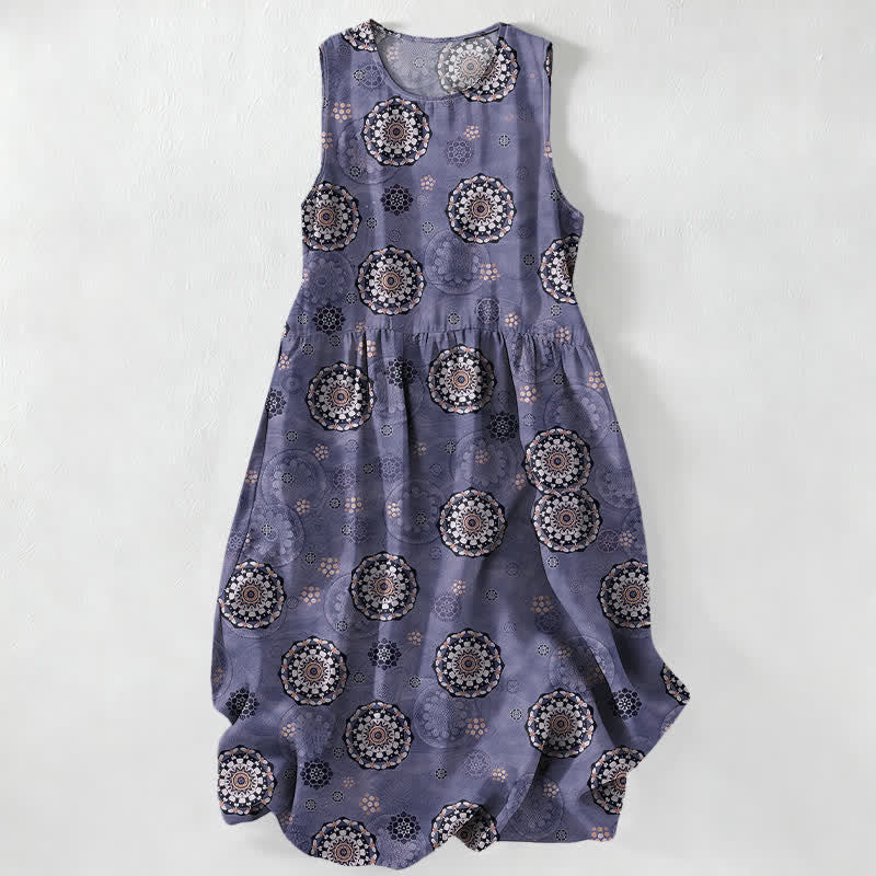 Nimara Ritual Summer Casual Boho Mandala Medallion Pattern Women's Summer Sleeveless Midi Dress With Pockets