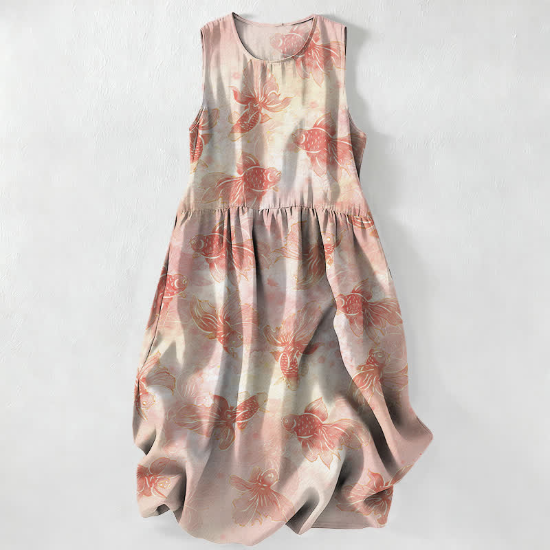 Nimara Ritual Summer Casual Goldfish Koi Fish Pattern Women's Summer Sleeveless Midi Dress With Pockets