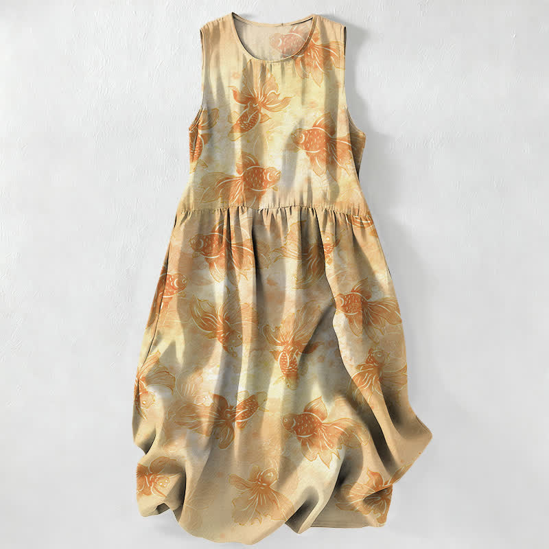 Nimara Ritual Summer Casual Goldfish Koi Fish Pattern Women's Summer Sleeveless Midi Dress With Pockets