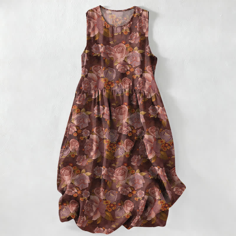 Nimara Ritual Summer Casual Vintage Rose Flowers Pattern Women's Summer Sleeveless Midi Dress With Pockets
