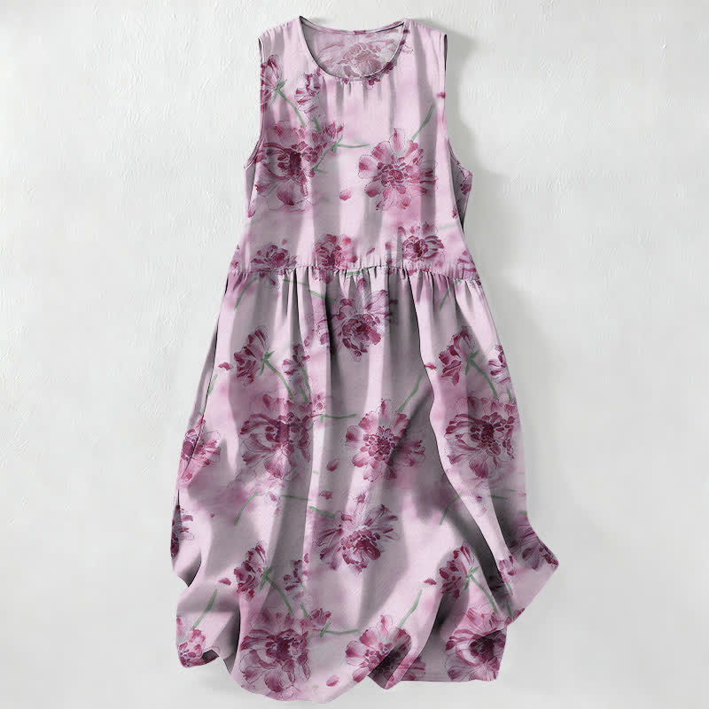 Nimara Ritual Summer Casual Floral Botanical Pattern Women's Summer Sleeveless Midi Dress With Pockets