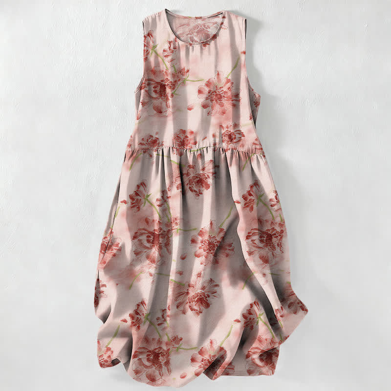 Nimara Ritual Summer Casual Floral Botanical Pattern Women's Summer Sleeveless Midi Dress With Pockets