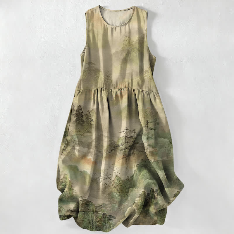 Nimara Ritual Summer Casual Ink Landscape Pattern Women's Summer Sleeveless Midi Dress With Pockets