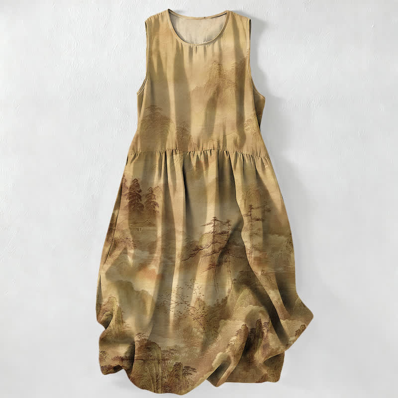 Nimara Ritual Summer Casual Ink Landscape Pattern Women's Summer Sleeveless Midi Dress With Pockets
