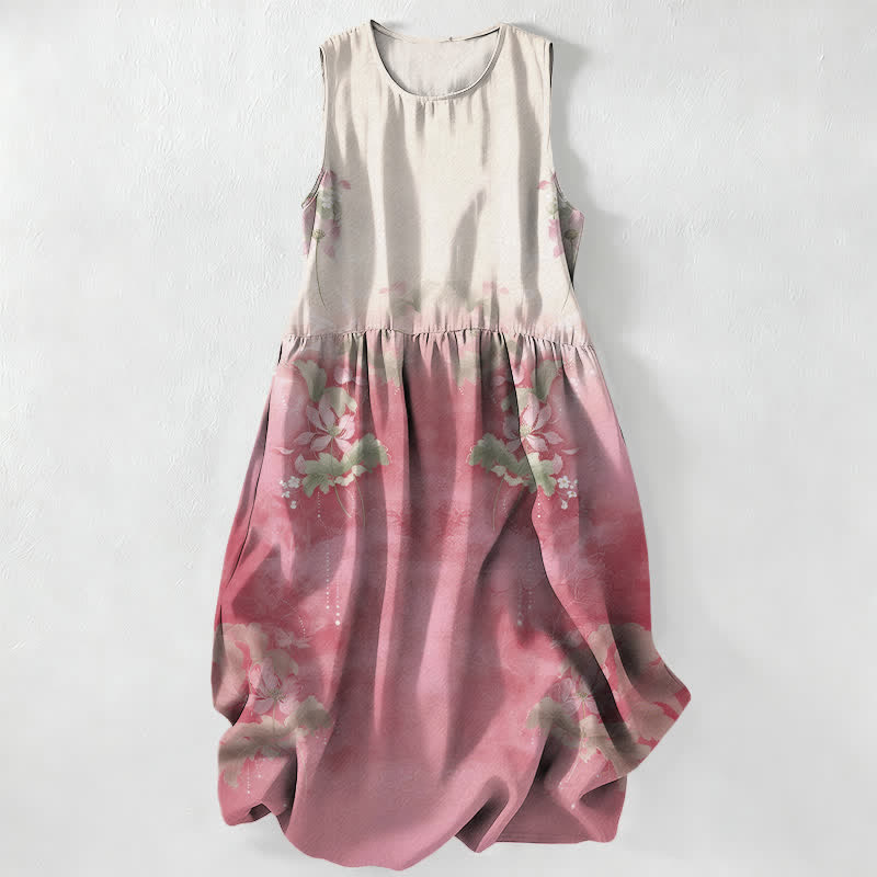 Nimara Ritual Summer Casual Gradient Floral Leaves Pattern Women's Summer Sleeveless Midi Dress With Pockets