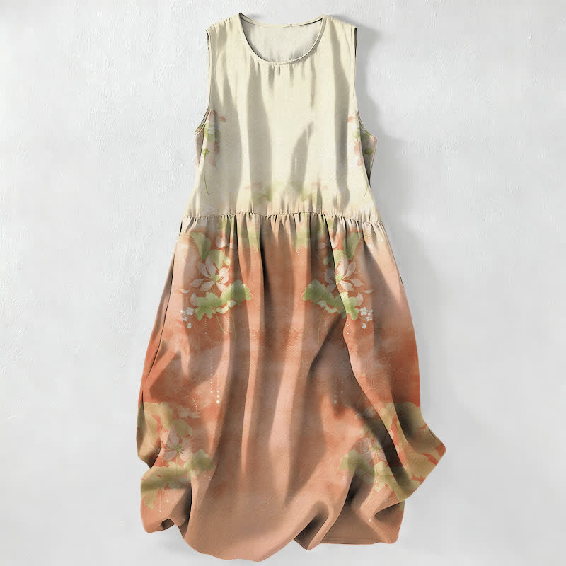 Nimara Ritual Summer Casual Gradient Floral Leaves Pattern Women's Summer Sleeveless Midi Dress With Pockets