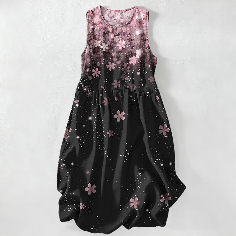 Nimara Ritual Summer Casual Cherry Blossom Starlight Pattern Women's Summer Sleeveless Midi Dress With Pockets