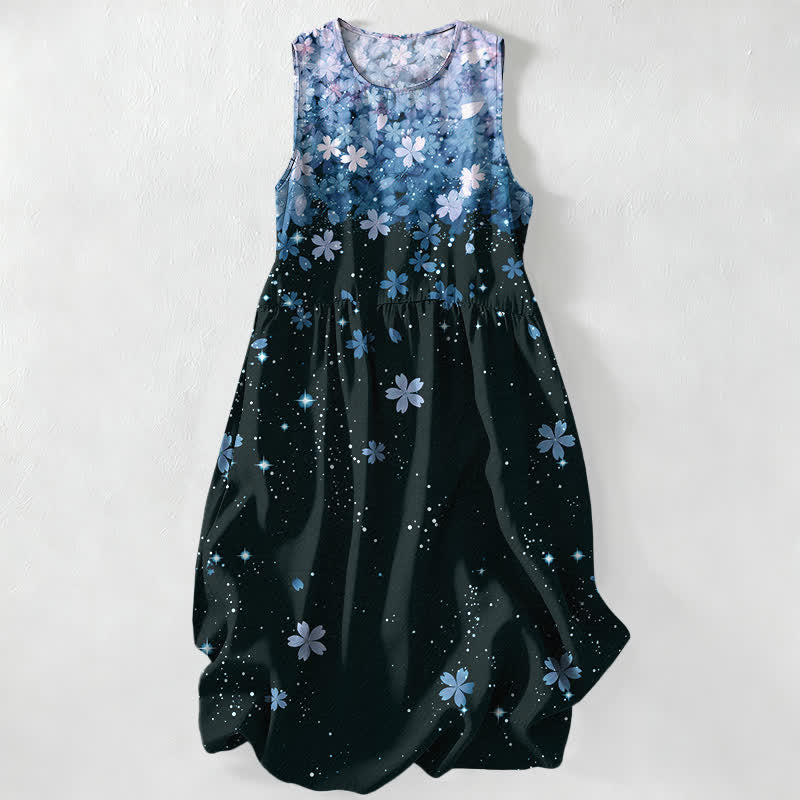 Nimara Ritual Summer Casual Cherry Blossom Starlight Pattern Women's Summer Sleeveless Midi Dress With Pockets